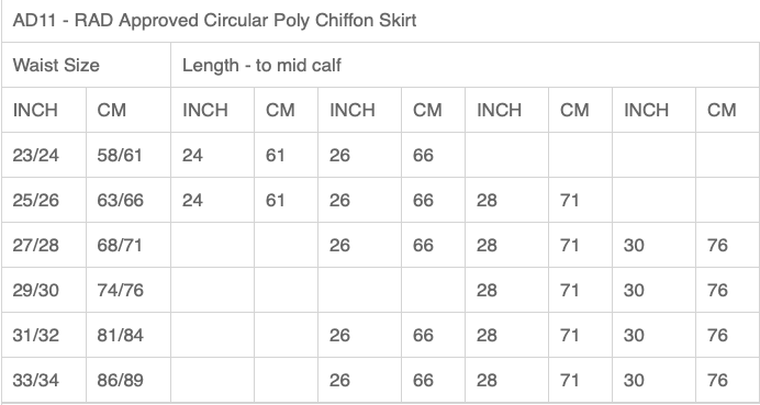RAD Approved Circular Poly Chiffon Skirt Sizing