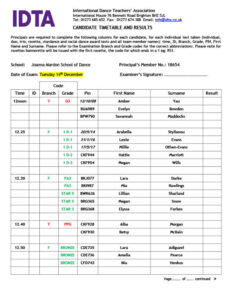 Joanna Mardon School of Dance IDTA Tap Exam Timetable Tuesday 14 December 2021