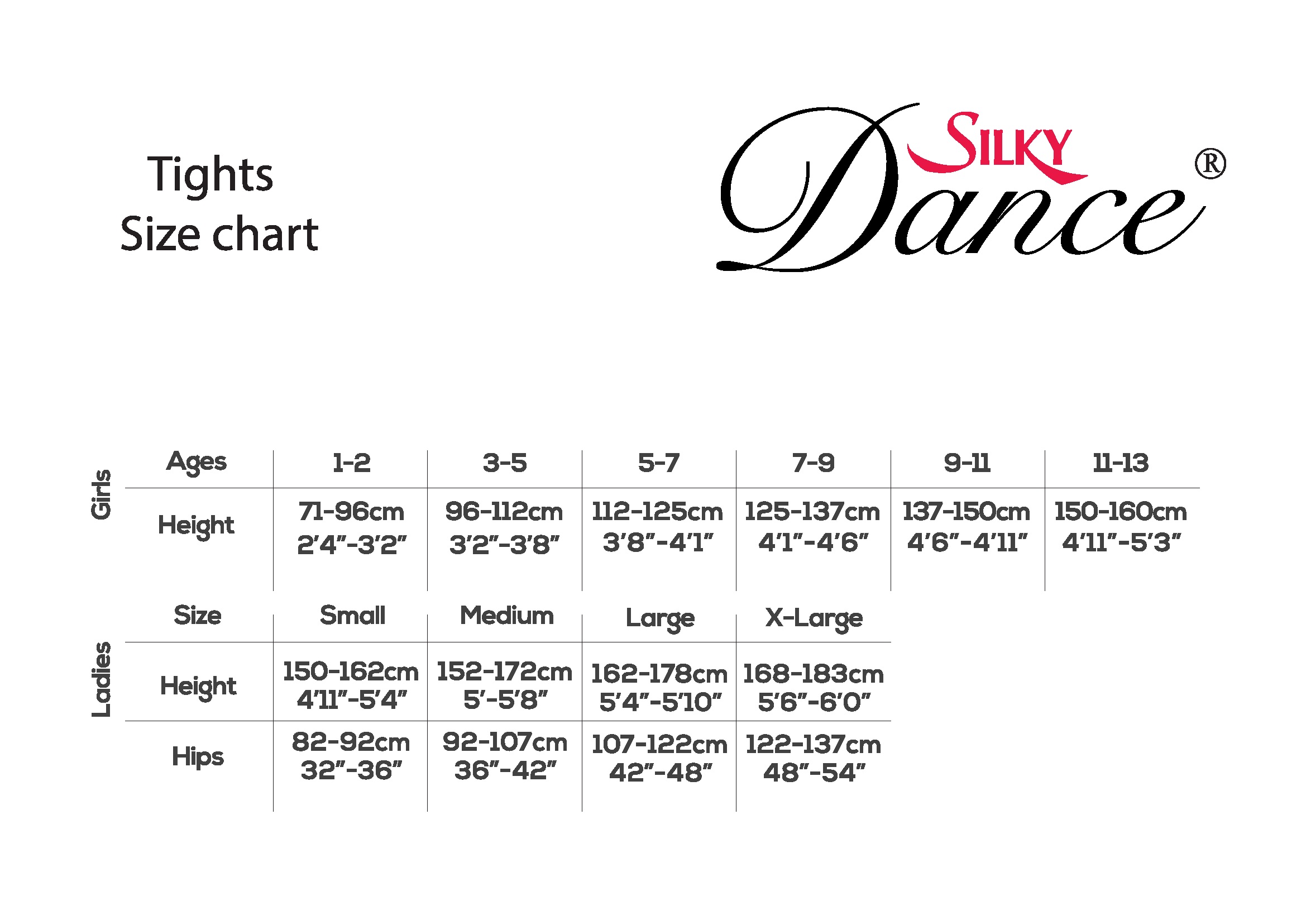 Joanna Mardon School of Dance Show Tights - Senior Girls Tap & Jazz Sizing chart