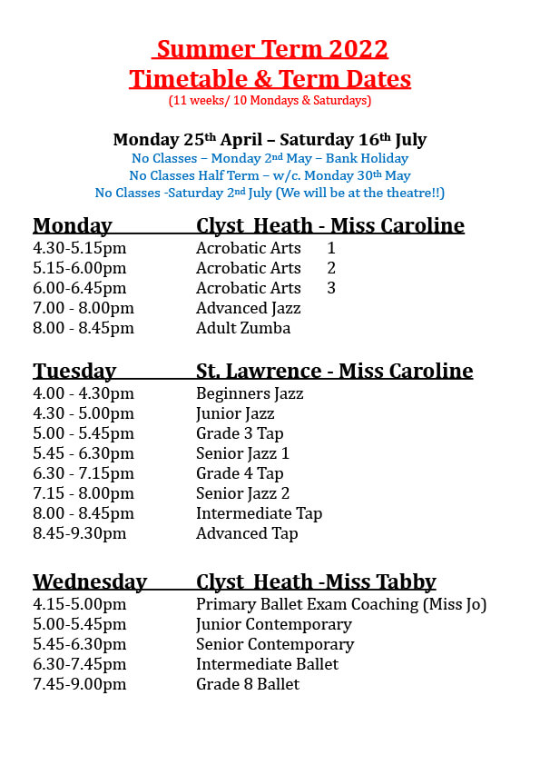 Joanna Mardon School of Dance SUMMER Term 2022 Timetable
