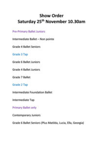 Joanna Mardon School of Dance Show - Running Order Saturday 10.30am