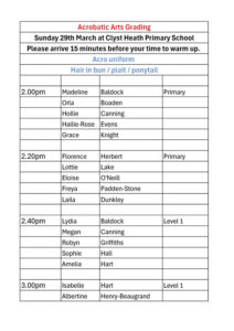 Joanna Mardon School of Dance Acro Examination Timetable March 2