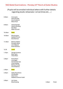Joanna Mardon School of Dance RAD Examination Timetable March 20